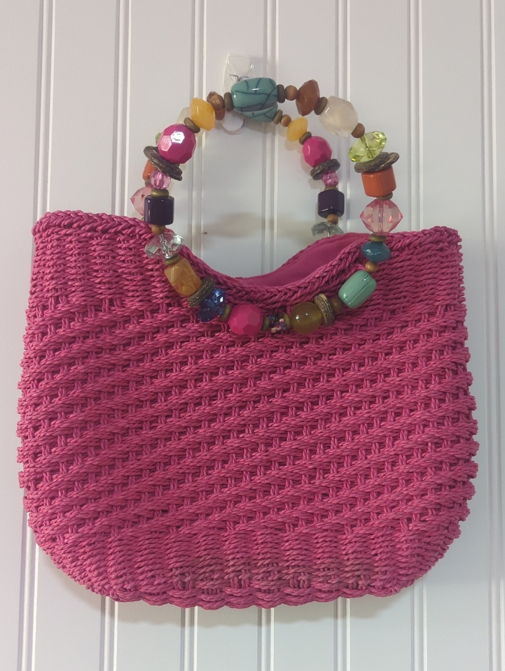 Cappelli Straworld Hot Pink Handwoven Satchel with Multicolor Bead Handles